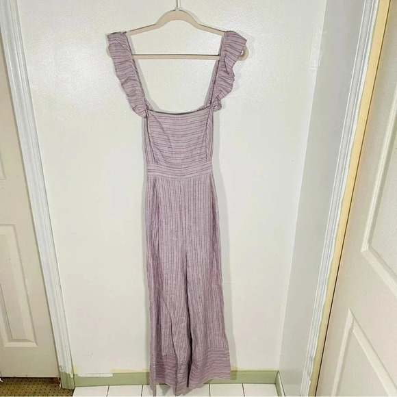 Anthropologie Elevenses Nantucket Ruffled Striped Linen Jumpsuit Size Beach - Picture 2 of 8